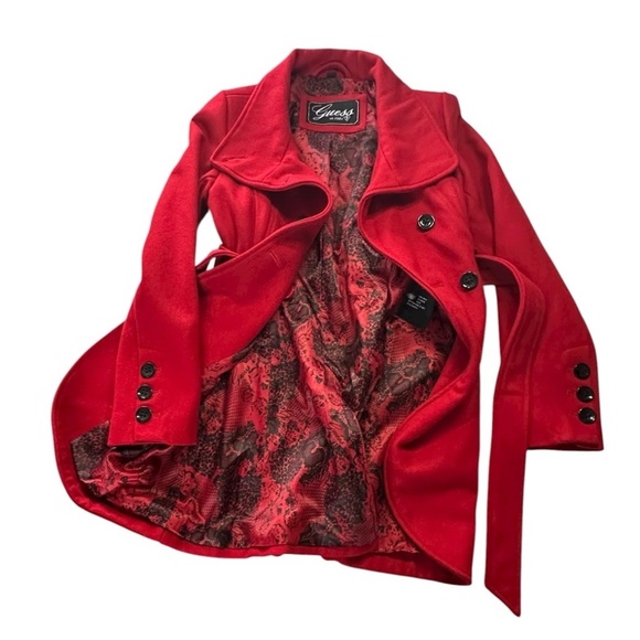 Vtg Y2K Guess Red Wool Blend Peacoat Jacket w/ Belt W Sz SM/M Winter Outerwear - Picture 8 of 16